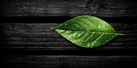 Close-up of a vibrant, wet green leaf with water droplets on a dark, textured wooden background