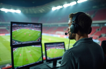 Male pro sportscaster works live from stadium broadcast booth. Wears headphones with microphone, intently watching multiple screens displaying dynamic football game action, replays. Pro broadcast
