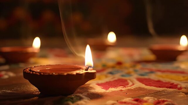 Clay Diya Lamps Lit with Flames on Rangoli Pattern Keywords: diwali, diya, lamp, oil lamp, clay
