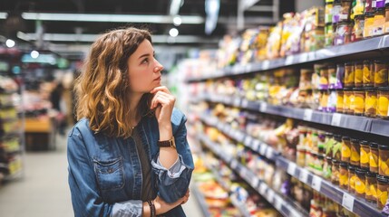 Fototapeta premium Woman thoughtfully shopping for groceries in a modern supermarket aisle filled with snacks and sauces