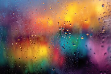 Drops on window with blurred colorful background reflecting light