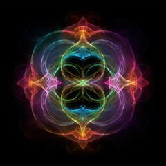 Chaos spiral of neon colors enveloping a sacred symbol, intense symmetrical motion