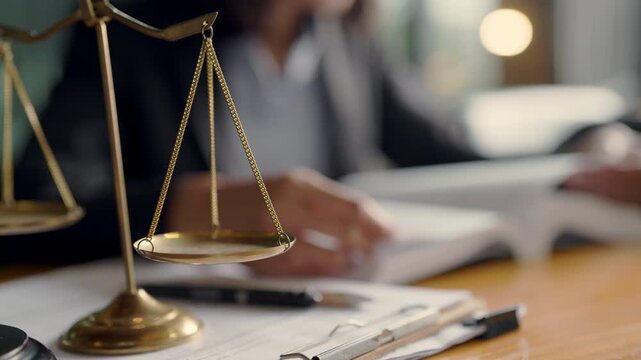 Close-up of golden balance scale symbolizing justice with blurred Asian woman in suit reading law book in background, representing legal study, lawyer profession or court preparation.