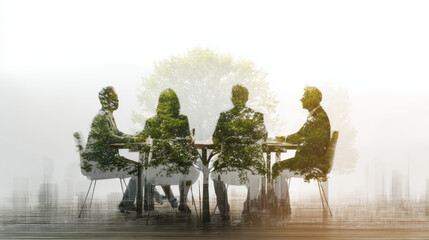 Group of people in business meeting with eco friendly strategy concept, blending nature and corporate elements