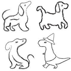 Cute cartoon silhouettes of dogs and a cat with animal icons and pet illustrations