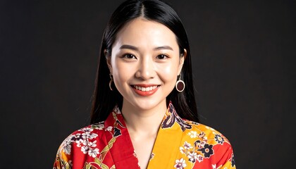 A smiling Asian woman with long, dark hair gazes directly at the viewer. She wears a colorful patterned robe and round earrings. Background is dark