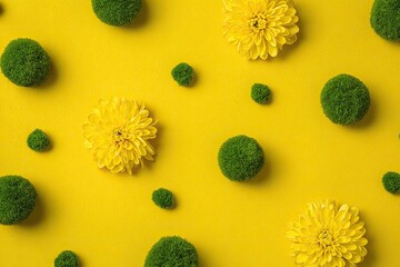 Yellow background featuring scattered yellow blooms and mossy green spheres, in an artistic arrangement