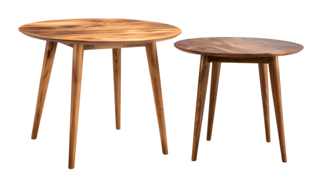 Set of mid century modern round wooden dining tables isolated on a transparent  background