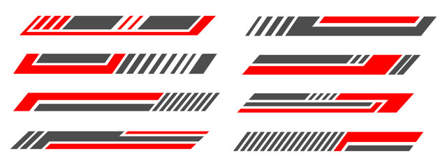 Sport racing stripes. Race car stickers isolated. Vehicle red and black tuning, motor transport modification. Checkered flag, motocross labels, dynamic lines, motorsport, racing stripe speed. Vector