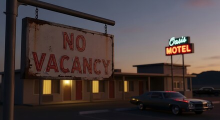Vintage motel with glowing No Vacancy sign