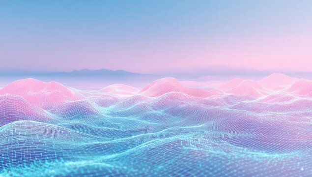 Abstract digital illustration of a wireframe landscape with gradients of blue and pink