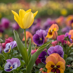 Fototapeta premium A single yellow tulip stands tall amidst a vibrant garden of colorful pansies in full bloom today