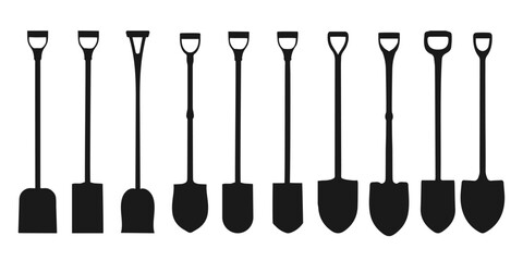 Set of shovel tools. Tool icon collection. Silhouette of a shovel tool, Shovel icon vector, Garden shovel silhouette. Handyman Tools. Silhouettes of tools and tools for construction.