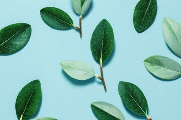Naklejka premium Top-down view of scattered green leaves against a light blue backdrop, showcasing delicate textures