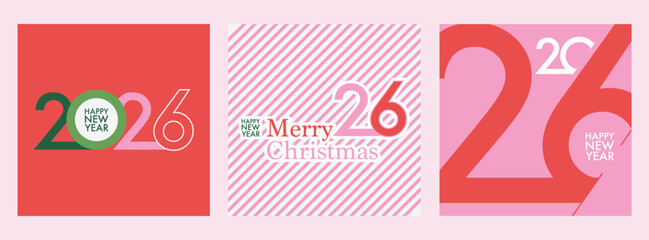 Set of 2026 Happy New Year logo text design. 2026 number design template. Collection of 2026 Happy New Year symbols. Vector illustration with colorful labels isolated on abstract background.