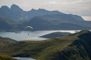 Paragliding adventure over Lofoten Islands' landscapes