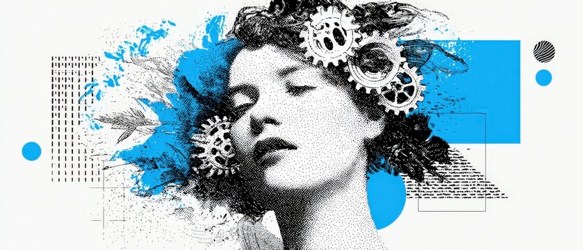 Artistic portrait of a thoughtful White woman with gears in her hair, against a modern blue and white abstract background Concept of innovation, creativity, and mechanical mind