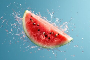 Slice of juicy, red watermelon with seeds, bursting with water droplets, against a teal backdrop