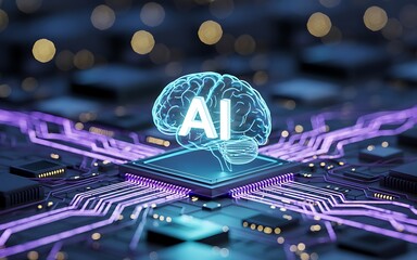 Futuristic conceptual illustration showcasing the fusion of artificial intelligence and technology represented by an illuminated brain over a circuit board.