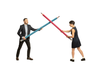 PNG image of a man and a woman fighting in a duel with giant pencils. Isolated on transparent background. Concept of rivalry, leadership, and gender equality.