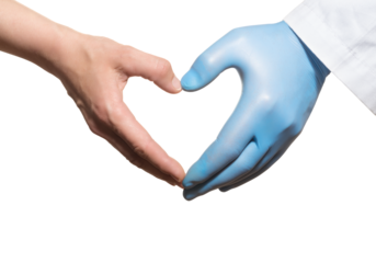High quality PNG the hands of doctor and patient form a heart on transparent background.