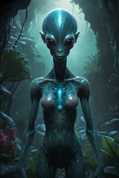 Bioluminescent alien humanoid with glowing core in a misty extraterrestrial jungle