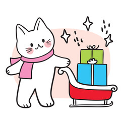 Cat with Christmas Gifts in Sleigh Illustration