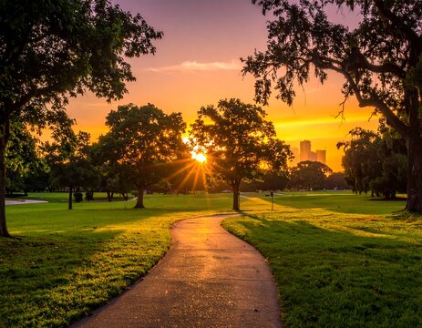 A sun-drenched park at dawn. Trees frame a winding pathway, leading toward a glowing skyline against a beautiful, orange sky - Powered by Adobe