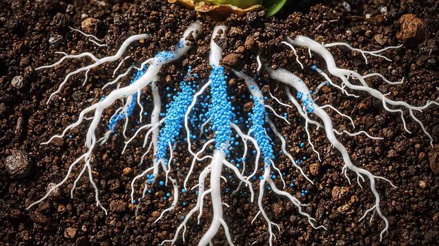 Detailed View of White Roots in Dark Soil with Nutrient Absorption