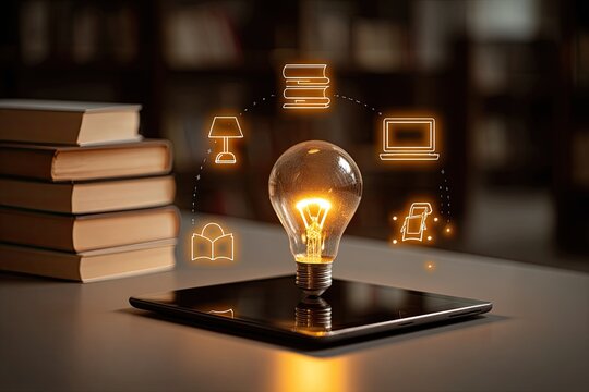 Illuminated lightbulb on tablet surrounded by glowing icons representing education elements
