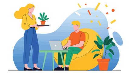 Vector art of a woman serving a plant to a man working on a laptop in a modern office, creating a relaxed and productive atmosphere