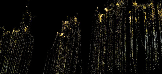 Gold light curtain dark background festive illumination abstract bokeh night scene cascading lights glitter sparkle holiday decor hanging strands