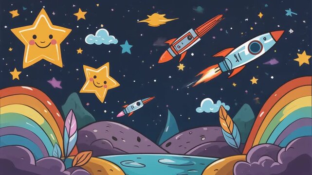Illustration of cartoon rockets and smiling stars flying over a colorful rainbow landscape with a night sky background.
