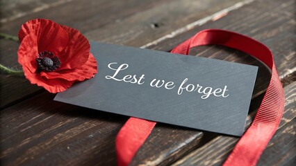 Red poppy with lest we forget message on a dark card