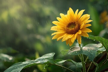 Vivid yellow bloom with brown center, in gentle rain against verdant background