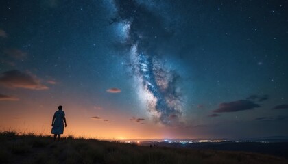 Figure stands on a hill at night. They gaze at the clear Milky Way galaxy in dark sky. Distant city lights glow. This moment suggests spiritual contemplation or divine promise under countless stars.