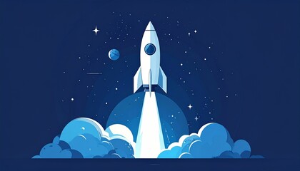 Fototapeta premium A stylized rocket blasts off into the cosmos, leaving a trail of glowing clouds against a deep blue, star-filled backdrop, signifying exploration and launch