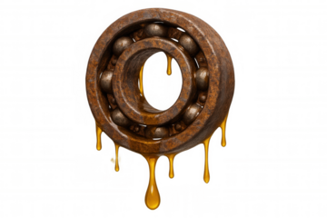 Rusty ball bearing dripping with oil, showing neglect, maintenance issues, and industrial wear on a transparent background