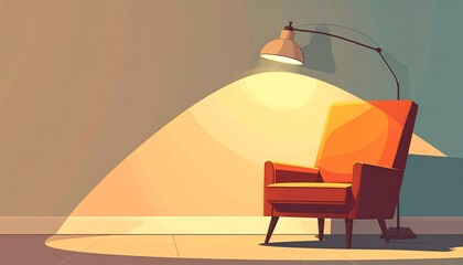 Cozy minimalist interior scene with a comfortable orange armchair illuminated by the warm, ambient light of a sleek floor lamp, perfect for quiet relaxation