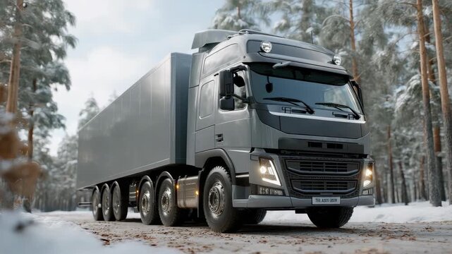 A heavy truck drives steadily along a snowy forest road, showcasing its power and traction on a winter day with beautiful scenery