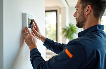 Male specialist installs home security system on white wall. Technician in uniform sets up smart home alarm. Pro installing security device in apartment office. Safety tech service concept.