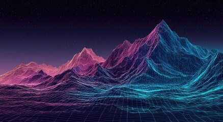 Wireframe-style mountains are bathed in purple and teal light against a starry night sky