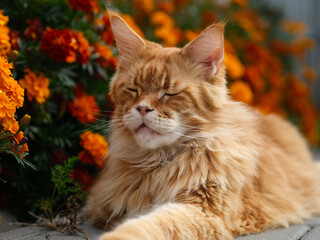 A red Maine Coon cat napping in a garden next to some marigolds. Close up.