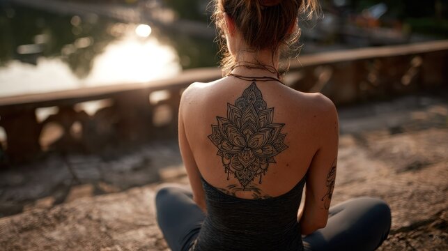 Woman with back tattoo outdoors
