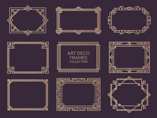 Golden Art Deco Borders Set,  Elegant 1920s geometric frames and vintage ornaments featuring luxury linear patterns, abstract decorative lines, and nouveau style design elements for invitations or bra