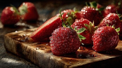 Fresh juicy strawberries on wooden board with water droplets