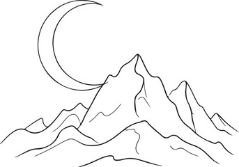 Minimalist Line Art of Crescent Moon and Mountain Landscape