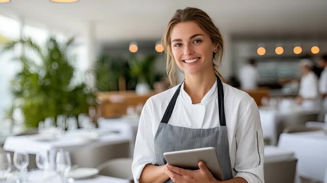 A friendly server greets diners and takes their orders in a lively restaurant filled with a welcoming atmosphere