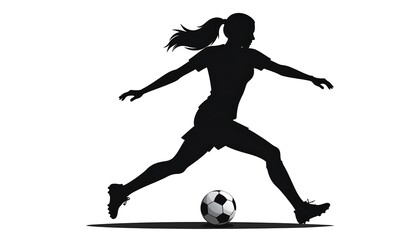 A silhouetted female athlete in mid-kick, poised above a soccer ball. She wears athletic attire with her hair pulled back. White background