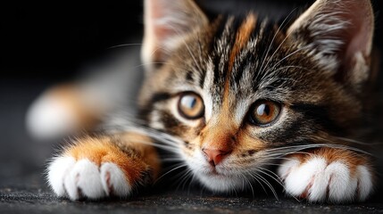 Adorable Tabby Kitten Close-Up Portrait with Paws and Intense Gaze